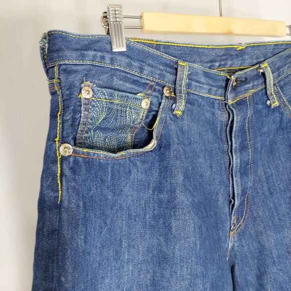 RMC Red Monkey Button Fly Jean Shorts Mens 38 Blue Denim Embroidered Pocket Y2K - Picture 7 of 8